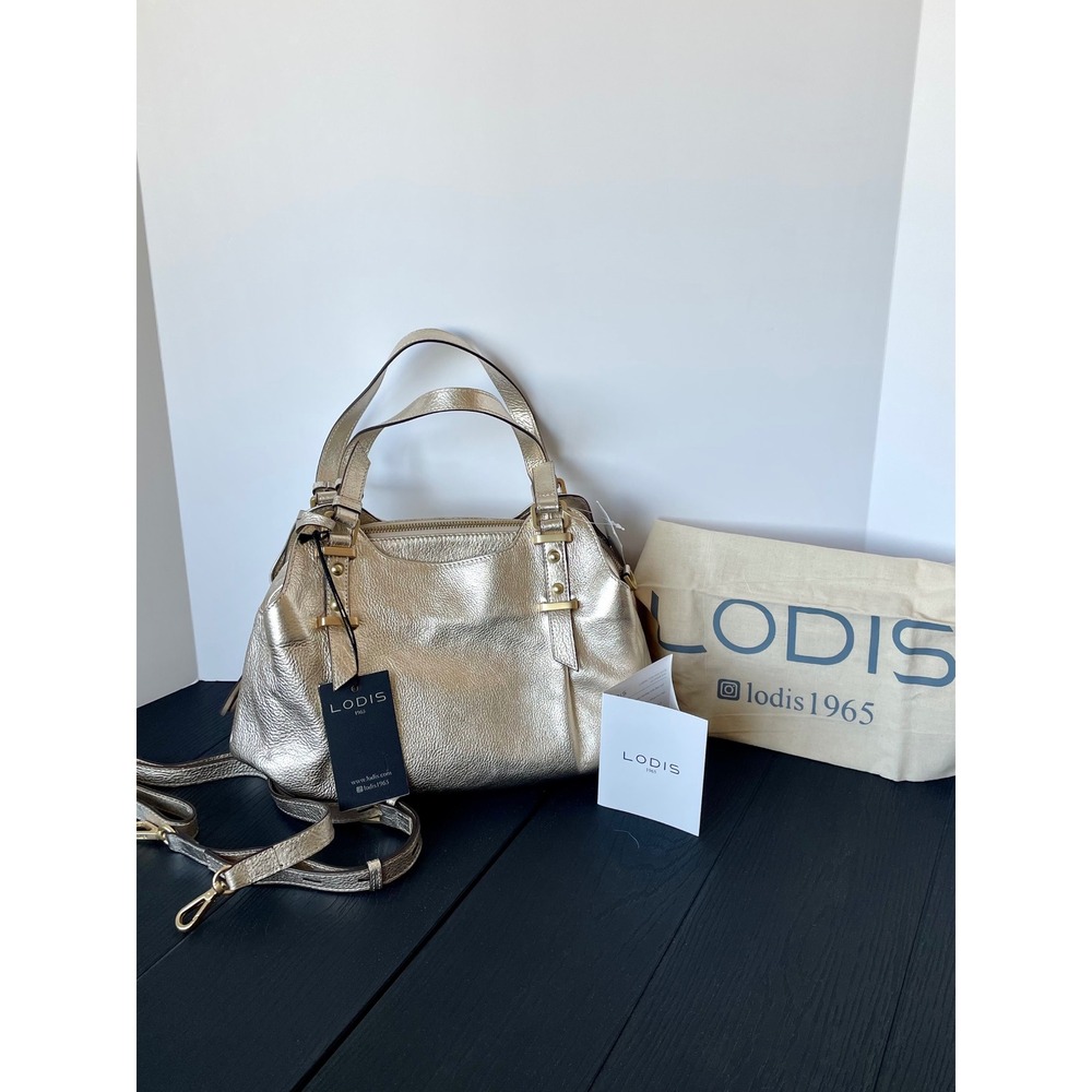 NEW Lodis Geniune Leather Handbag Skylar Satchel Gold Metallic Top Handle Purse